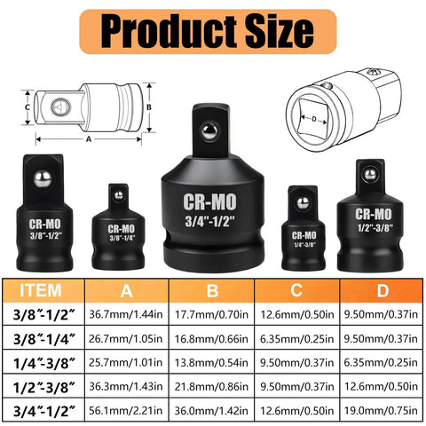 Cool 5 Piece Impact Socket Adapter And Reducer Kit Includes 3/4 To 1/2 1/4 To 3/8 3/8 To 1/2 And More For Heavy Duty Crankin' With Chrome Molybdenum Alloy Build. size chart of five CR-MO impact socket adapters with drive measurements