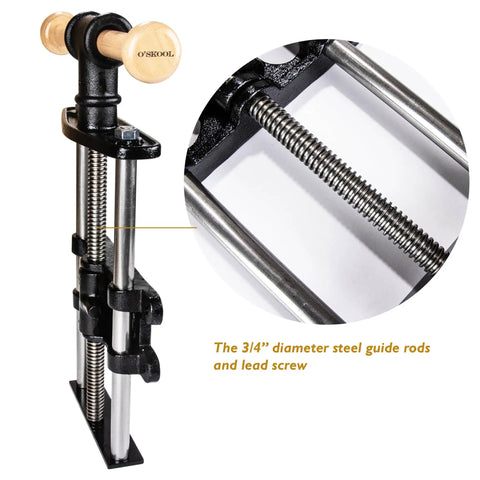 Nine Inch Quick Release Workbench Front Vise With Heavy Duty Cast Iron Body showcasing steel guide rods and lead screw detail.