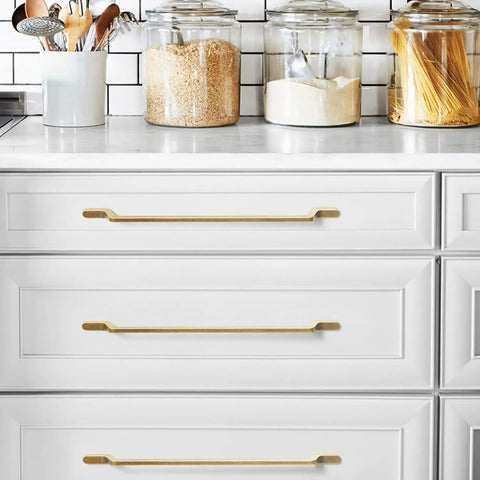 Six Pack Antique Brass Cabinet Pulls Zinc Alloy Dresser Handles 11.34 Inch Center To Center Vintage Brass Drawer Pulls installed on kitchen drawers.