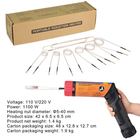 Professional Grade Mini Magnetic Induction Heater 1100 Watt 8 Coil Handheld Heating Rod with coils and box displayed.