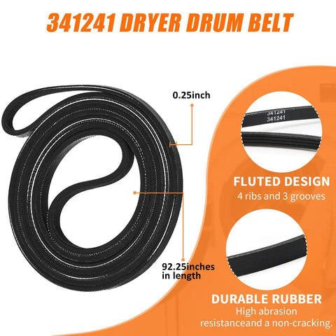 Dryer Repair Kit With Belt, Idler Pulley, And Drum Roller Replacement For Major Dryers Includes 92-1/4 Inch 4 Rib 3 Groove Belt