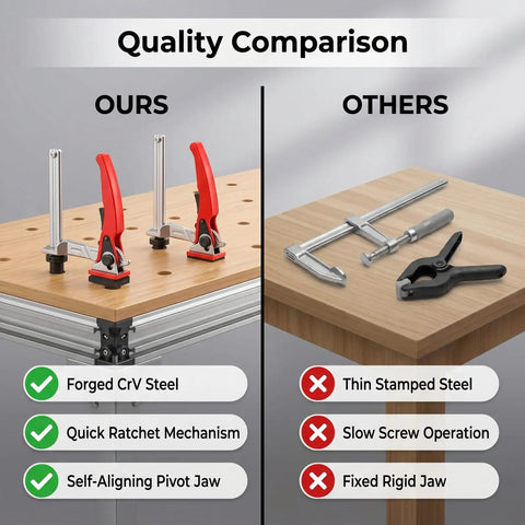 Quality comparison of One Hand Ratchet Bench Dog Clamp for woodworking, five eighths inch hold down clamp vs other clamps on workbench