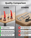 Comparison showing Two Pack Quick Ratchet Bench Dog Clamps for 20mm Dog Holes vs other clamps on a table.