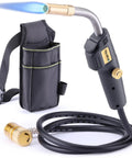 Map Gas Torch Kit with Holster, adjustable knob trigger start, 4.9 ft hose shown with blue flame and holster accessory.