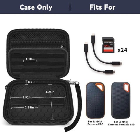 Open Rugged Travel SSD Case For External Solid State Drives And Portable Storage showing interior dimensions and features.