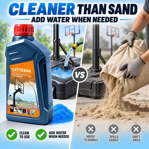 Heavy Duty Weighted Gel For Basketball Hoop Base Replaces 675 Lbs Of Sand Without The Backbreaking Hustle Quick Water Activation Saves Your Back And Makes Yard Setup An Absolute Breeze, gel bottle beside sand bag.