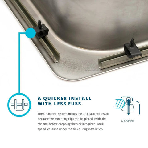 Close-up of Lustertone Classic Single Bowl Drop In Stainless Steel Kitchen Sink with U-Channel clips for easy installation.