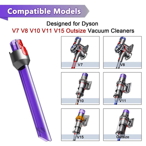 Crevice Tool With LED Lights Quick Release Nozzle For Dyson V7 V8 V10 V11 V15 Cordless Vacuum Cleaners shown with compatible models.
