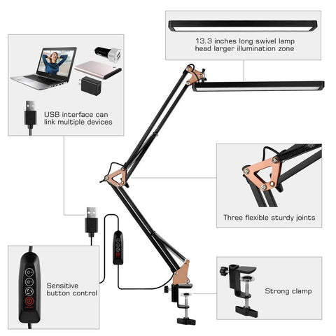 Metal Swing Arm Led Desk Lamp With Clamp Eye Caring Architect Desk Light Dimmable With 3 Color Modes And 10 Brightness Levels Memory Function Includes Adapter Rose Gold And Black Finish showcasing features like swivel lamp head, USB interface, sturdy joints, and control buttons.