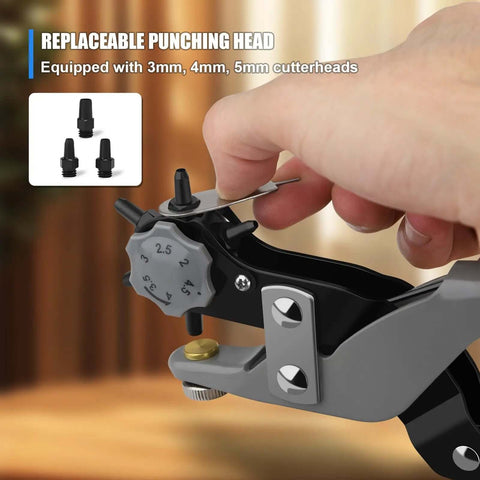 Close-up of Multi Function Hole Punch Plier Set with storage case, showing replaceable punch heads and size dial.