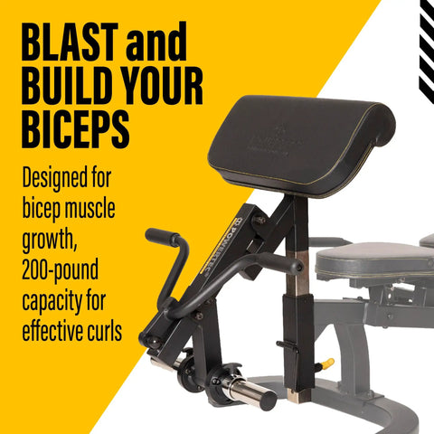 Curl Machine Attachment For Your Workbench With 200 Lb Capacity Plate Loaded Bicep Builder Station shown on yellow background
