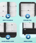 Close-up features of Eighty Inch Bulletproof Build Three Door Glass Merchandiser Refrigerator with built-in handle, cooling fan, glass door lock, and break wheel.