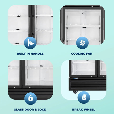 Close-up features of Eighty Inch Bulletproof Build Three Door Glass Merchandiser Refrigerator with built-in handle, cooling fan, glass door lock, and break wheel.