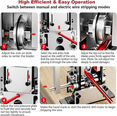 Diagram of drill powered copper wire stripper machine for quick cable removal, showing steps for manual and electric operation.