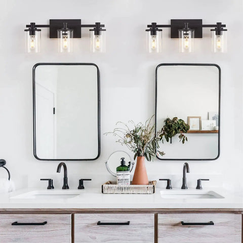 Three Light Black Vanity Light With Clear Glass Shade For Bathroom Living Room Hallway And Bedroom Slick Waterproof Metal Sconce With Modern Vintage Style Fixture mounted over mirrors in bathroom