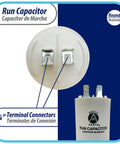 Universal Run Capacitor For Electric Motors 16 Mfd 250V with CBB60 Round Plastic Case, featuring 1/4 inch quick connect terminals
