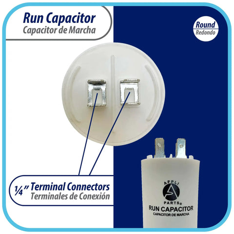 Universal Run Capacitor For Electric Motors 16 Mfd 250V with CBB60 Round Plastic Case, featuring 1/4 inch quick connect terminals