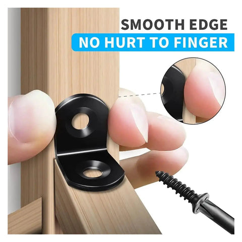 Matte Black Anti Rust L Shaped Metal Bracket With 2 Holes Built To Last For Heavy Duty Shelves being held on wood surface