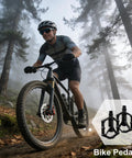 Cyclist in forest with Grippy 14mm Aluminum Alloy MTB Pedals Non Slip Lightweight Flat Bike Pedals for Road Mountain BMX and City Rides