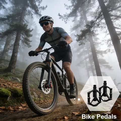 Cyclist in forest with Grippy 14mm Aluminum Alloy MTB Pedals Non Slip Lightweight Flat Bike Pedals for Road Mountain BMX and City Rides