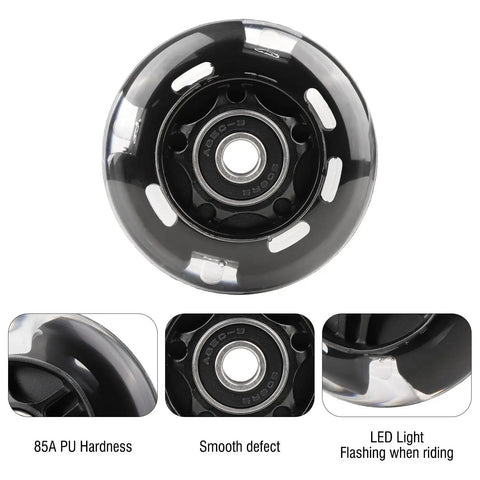 Single black wheel of LED Light Up Inline Skate Wheels With Bushings 64/70/72/76/80mm 85-88A, showcasing LED lights and design