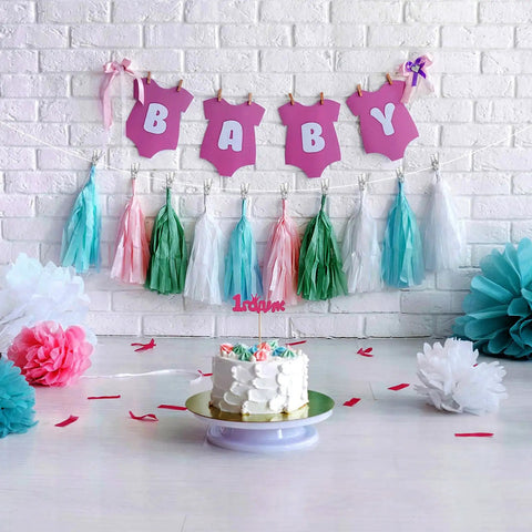 Baby party decor with tassels and cake using Heavy Duty Balloon Arch Clip Set 30 Pack Plastic Transparent Spring Clamps