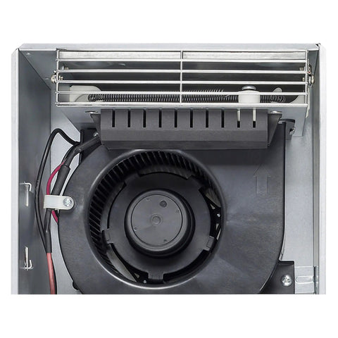 Internal view of Bathroom Exhaust Fan With Light, Heater And Thermostat, Radiance 80 CFM White, shows motor and wiring.