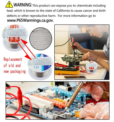 Pro DIY Soldering Iron Kit Four In One With Brass Tip Cleaner That Works Without Water Point Six Millimeter Solder Wire Fifty Gram Rosin Flux Paste Ten Gram No Clean Core Solder Handy Welding Tool Set For Home Projects showing replacement packaging and usage on electronics.
