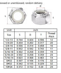 Top Shelf 1/4-20 Nylon Insert Hex Lock Nuts 304 Stainless Steel Self Locking Fasteners dimensions and specifications chart.