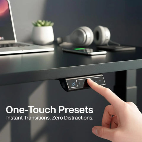 Vivo Black Sit Stand Desk Electric Height Adjustable 63 Inch Wide Ergonomic Workstation showing control panel with one-touch presets.