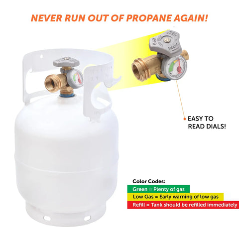5Lb Steel Propane Tank With Built In Gauge And OPD Valve for grills and BBQs. Highlighted gauge showing gas level indicators.