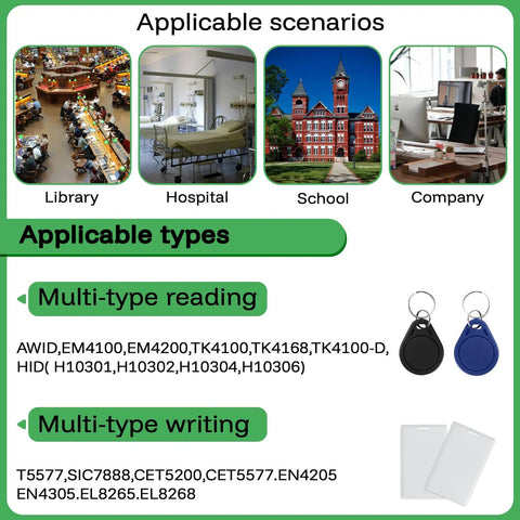 125kHz RFID Copier and Writer for T5577 EM4305 applications in library, hospital, school, company with key fobs and cards shown