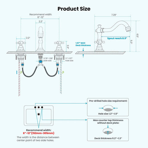 Diagram showing dimensions for 3 Hole Widespread Matte Black Bathroom Faucet With Double Cross Handles Deck Mount Vanity Sink Mixer Tap.
