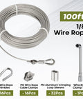 Heavy Duty 1/8 Inch Vinyl Coated Stainless Steel Wire Rope Kit, 100 Ft With 32 Crimping Loops, 16 Clamps, and Thimbles
