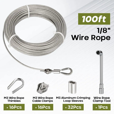 Heavy Duty 1/8 Inch Vinyl Coated Stainless Steel Wire Rope Kit, 100 Ft With 32 Crimping Loops, 16 Clamps, and Thimbles