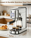 Front view of 20 Bar Espresso Machine, Compact Coffee Maker With Steam Milk Frother, Stainless Steel Coffee Machine With 34oz Removable Water Tank For Cappuccino And Latte on kitchen counter