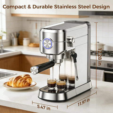 Front view of 20 Bar Espresso Machine, Compact Coffee Maker With Steam Milk Frother, Stainless Steel Coffee Machine With 34oz Removable Water Tank For Cappuccino And Latte on kitchen counter