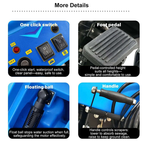 Detailed features of Commercial Floor Scrubber With 20 Inch Cleaning Path Dual Tank System 50L Fresh Water 40L Waste Water