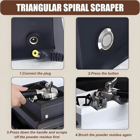 Top Shelf Electric Portafilter Cleaner For 58mm Espresso Gear 150W Motor 300RPM showcasing triangular spiral scraper and usage instructions.