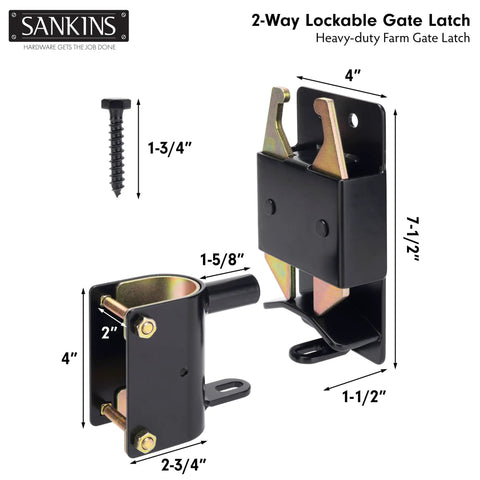 Heavy Duty Two Way Gate Latch dimensions 4x7.5 inches, made of solid steel, designed for farm gate security.
