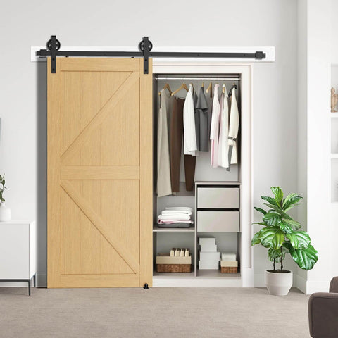 Six Foot Heavy Duty Sliding Barn Door Hardware Kit For 1 3 8 To 1 3 4 Inch Thick Doors Black Finish J Shape Hangers installed