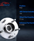 Rear Wheel Bearing And Hub Assembly With ABS For Chevy Equinox Pontiac Torrent Saturn Vue Suzuki XL7 Captiva Sport 2012 2015 5 Lug Pair Direct Fit Replacement OEM Quality Durable Performance Bolt In DIY Ready, product view with specs overlay