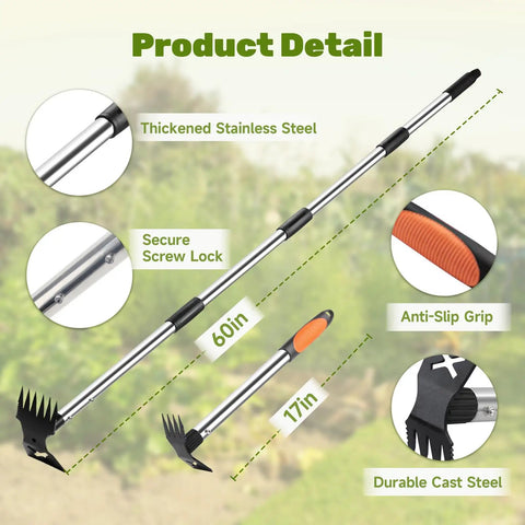 Diagram showing 60 Inch Weed Puller With Long Handle And 17 Inch Hand Weeding Tool Set featuring stainless steel handle and anti-slip grip.