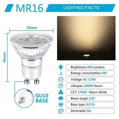 Dimensions and specifications of GU10 LED Bulbs 4W Non Dimmable 400 Lumens 2700K Warm White 120V.
