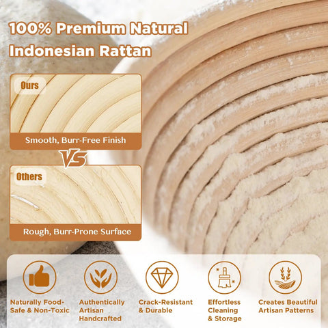 Comparison of smooth and rough surfaces of 100% premium natural Indonesian rattan in sourdough starter kit with banneton proofing baskets.