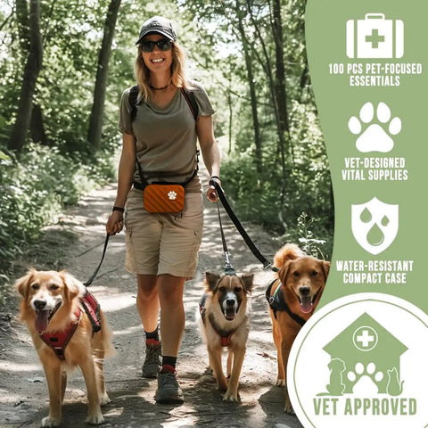Person walking dogs in nature carrying 95-Piece Vet-Approved Pet First Aid Kit For Dogs And Cats With Outdoor And Travel Essentials in Guardian Orange bag