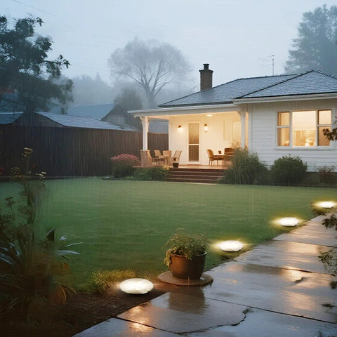 In Ground 3W Landscape LED Well Lights 4 Inch Diameter, 110V 120V High Voltage illuminating a garden path at night