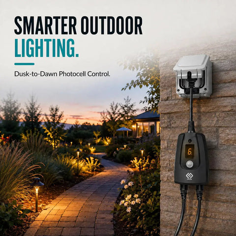 Built Tough Outdoor 24 Hour Light Timer With Photocell Dusk To Dawn Sensor setup against a garden wall, evening lights glowing.