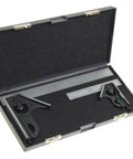 Combination Square Set 6 Inch And 12 Inch High Precision Steel Blades With Hardened 4R Edges Easy Read Laser Etched Graduations US Standard Accuracy Includes Pro Grade Storage Case With Foam Insert in open storage case with foam insert.