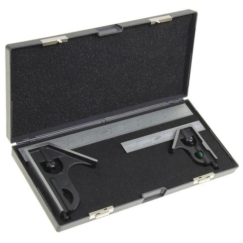 Combination Square Set 6 Inch And 12 Inch High Precision Steel Blades With Hardened 4R Edges Easy Read Laser Etched Graduations US Standard Accuracy Includes Pro Grade Storage Case With Foam Insert in open storage case with foam insert.